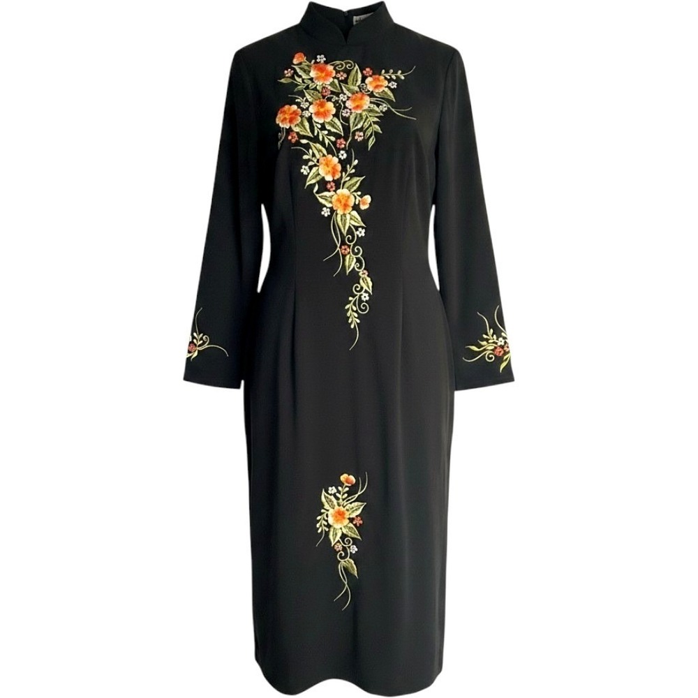 Chi Chi Qipao Cheongsam Mandarin Collar Embroidered Slit Duster Dress L $130